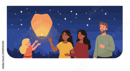 Diverse friends enjoying nighttime lantern release under starry sky