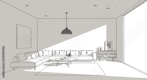 Minimalist linear living room design with large windows and modern furniture