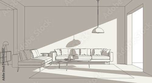 Minimalist linear art of modern living room with sunlight and shadow