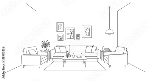 Minimalist living room design in linear style with modern furniture