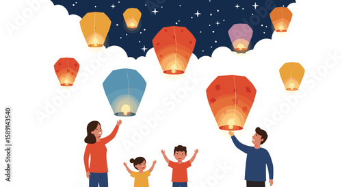 Family celebrating lantern festival under night sky with stars