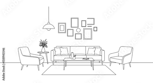 Modern linear living room with minimalist furniture and wall art arrangement