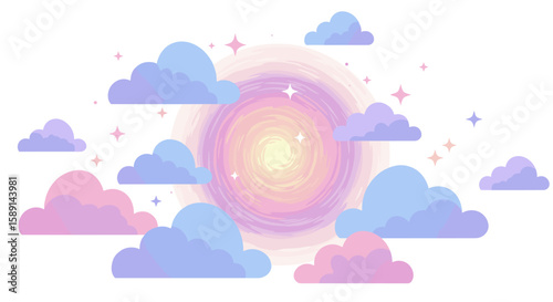 Dreamy pastel clouds surrounding a radiant sun in a whimsical sky