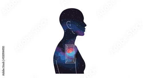 Cosmic silhouette with starry double exposure and portal effect on human profile