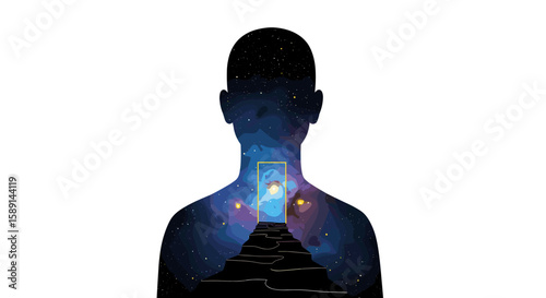 Cosmic silhouette of human figure with stairway in starry sky