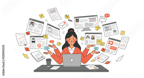 Businesswoman multitasking with digital documents and communication tools in office