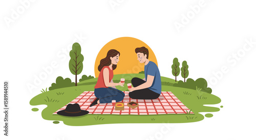 Couple enjoying romantic picnic in park with sunset background