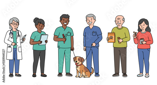 Diverse group of veterinary professionals and pet owners with dog in healthcare setting