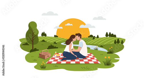 Romantic picnic at sunset with couple in love in idyllic landscape