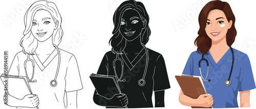 Three versions of a smiling female doctor or nurse are presented, including a color illustration, a silhouette, and a line drawing, each holding a clipboard and wearing a stethoscope.