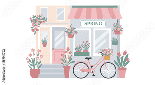 Charming floral café with bicycle in pastel colors