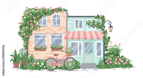 Charming cottage with bicycle and floral garden scene in flat style