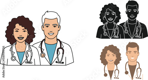 A friendly team of doctors, a man and a woman, are depicted in various styles, including color, line art, and silhouette, showcasing medical professionals with stethoscopes.