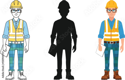 Cartoon construction worker illustration showcases a man with a yellow hard hat, safety vest, and clipboard, presented in color and silhouette variations for versatile design applications.