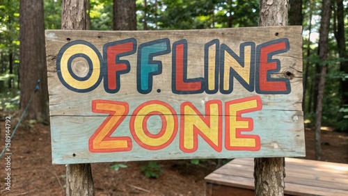 Digital detox camp concept. Rustic sign promoting a digital detox in a wooded area, reading 