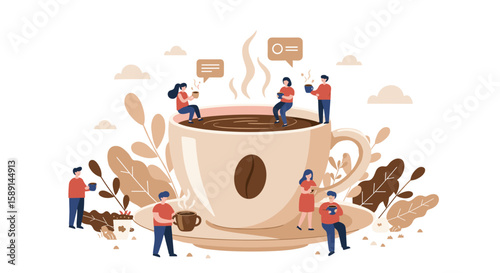 Giant coffee cup with tiny people engaging in various activities on white background