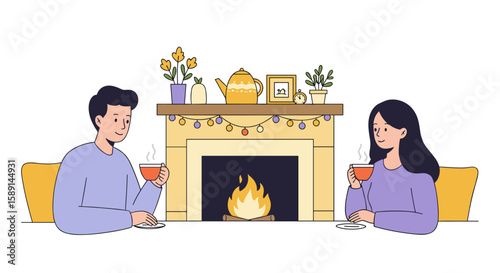 Cozy living room with happy couple enjoying hot drinks by the fireplace in minimalist style
