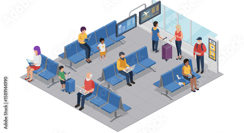 Isometric airport waiting area with diverse passengers using technology