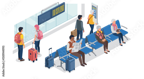 Isometric airport waiting area with diverse travelers and suitcases