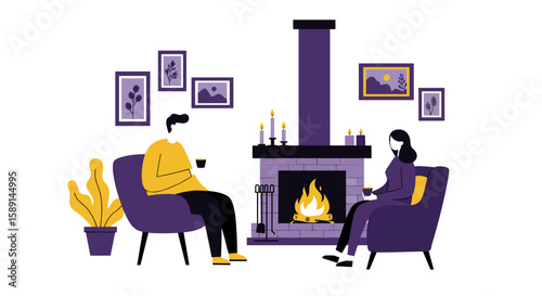 Cozy evening by the fireplace with friends drinking tea in minimalist flat style