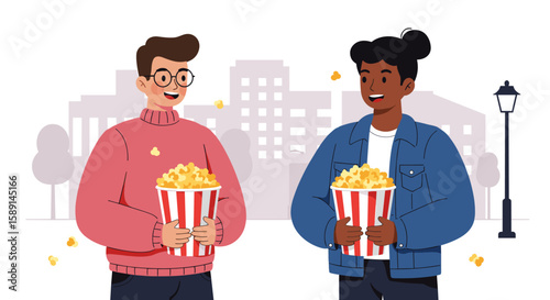 Friends enjoying movie night with popcorn in urban setting