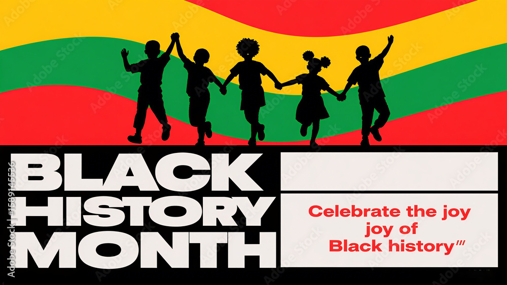 Obraz premium Children's silhouettes and text represent the joy of celebrating black history, used in community activities and cultural heritage scenes.