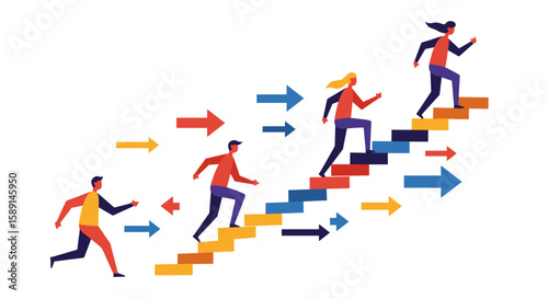 Free Download Dynamic growth and progress concept featuring people climbing stairs and arrows indicating direction - GFXLoad