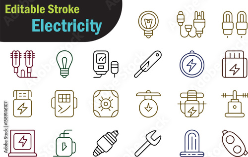 Editable Stroke Electricity Icons Power & Energy Symbols