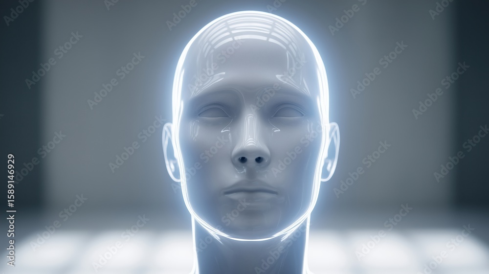 Obraz premium Futuristic humanoid figure with smooth features and glowing edges, set against a minimalist background, representing advanced technology and artificial intelligence concepts