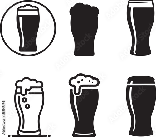 Beer Glass Silhouette Icon Set, Pint, Mug & Craft Beer Vector, symbol of beer glass, beer glass vector illustration on white background.