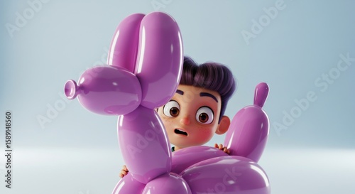 A curious cartoon boy hiding behind a lilac balloon dog with wide-eyed wonderment