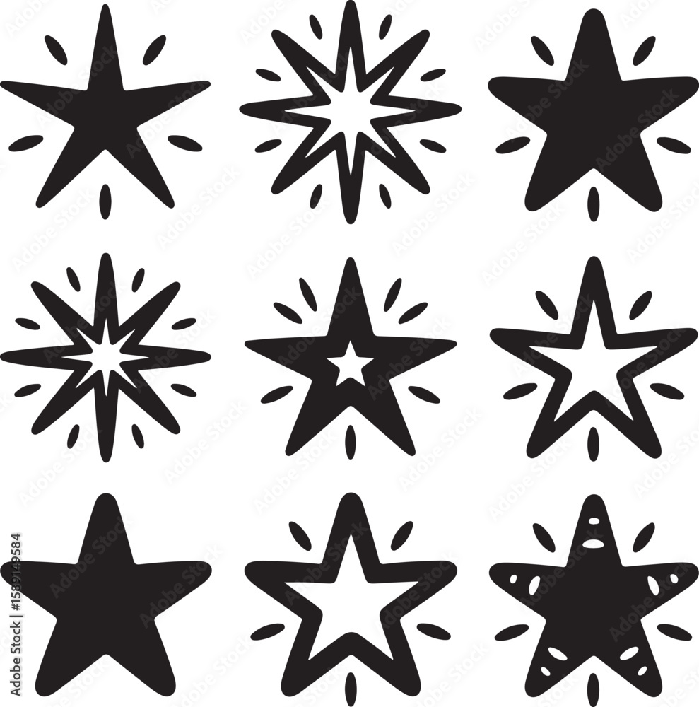 Fototapeta premium Doodle Star Vector Set in Hand Drawn Black Style