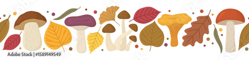 Autumn border pattern with mushrooms and leaves. Hand drawn seamless background with different types of mushrooms