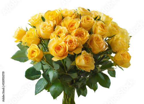 A large bouquet of yellow roses with green leaves, on a transparent background