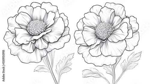 Two elegant line art peony flowers