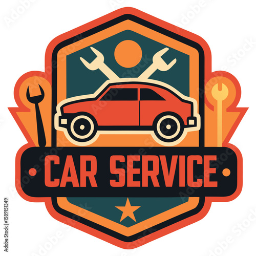 Car service sign with tools and vehicle icon, automotive repair shop illustration, logo design