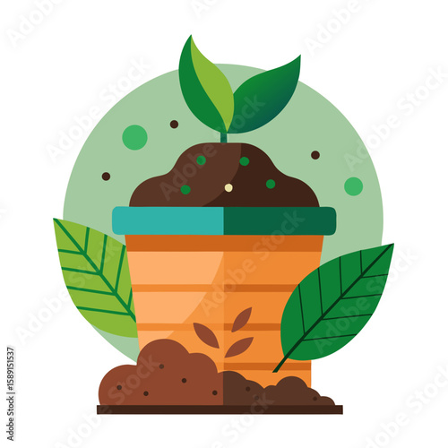 Compost pot with leaf and plant sprout, gardening illustration, sustainable living concept