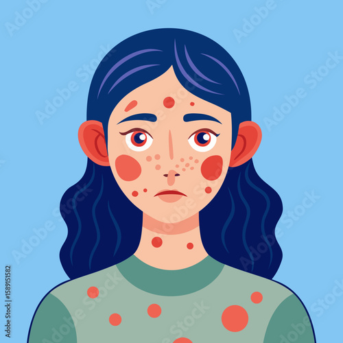 Young woman with contact dermatitis, skin condition illustration, healthcare awareness concept