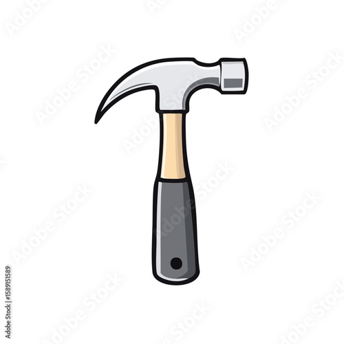 Illustration of a silver hammer with a wooden handle on a black backdrop tool instrument carpentry construction