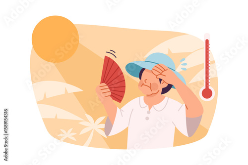 Elderly woman fanning herself while sweating and showing signs of heat exhaustion during extreme summer weather illustration. Concept of elderly health risk, heat safety flat design
