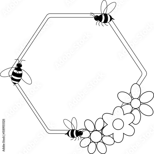 Hexagon frame with simple flowers and bees. template. Vector graphic line illustration. design for fashion graphics, textile prints, fabrics, wallpapers. For logo, web, package, sticker.