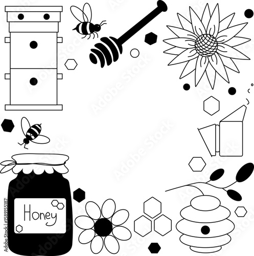 Round frame with bees and honey items circle template. Vector graphic line illustration. design for fashion graphics, textile prints, fabrics, wallpapers. For logo, web, package, sticker.