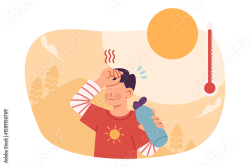 Young boy suffering from dehydration and carrying water bottle while exposed to intense sunlight during hot summer day illustration. Concept of outdoor heat, child health and dehydration awareness