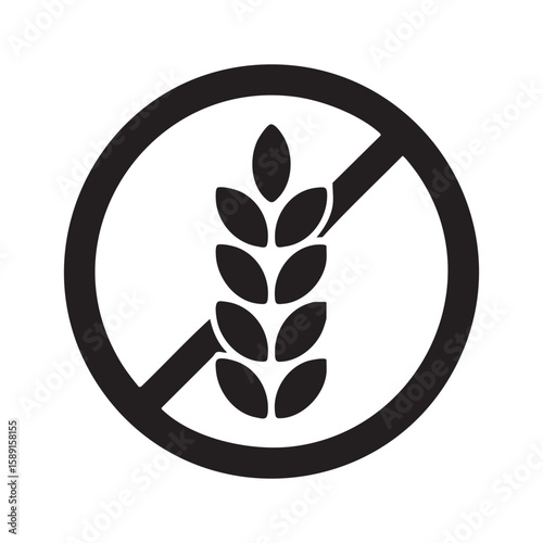 Black and white gluten-free icon with crossed grain symbol, flat design for allergen warning, diet label, or food packaging
