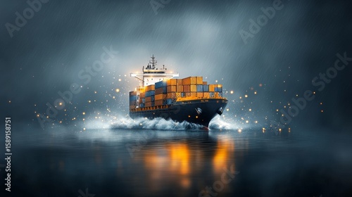 Cargo ship navigating through misty waters port maritime image industrial setting wide angle transportation dynamics
