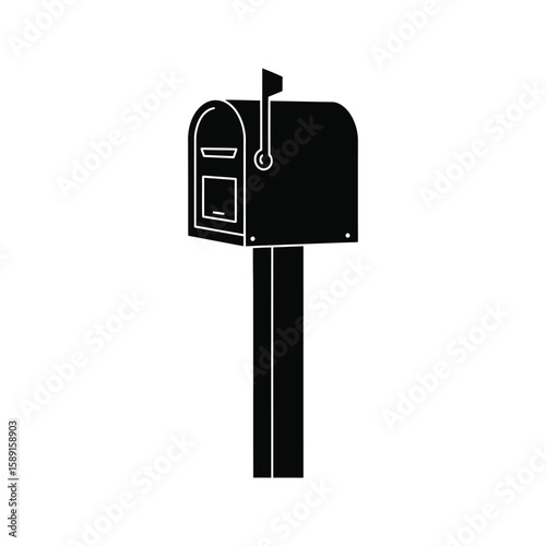 Black and white illustration of a classic mailbox on a post