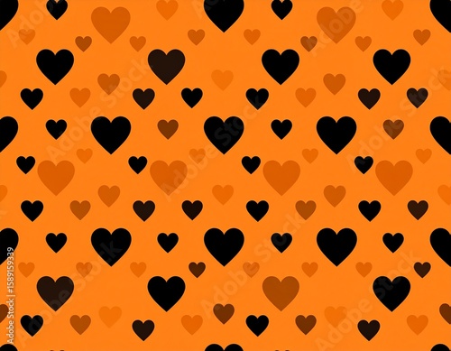 Seamless pattern with black and outlined heart shapes on a bright orange background. Simple and modern design perfect, romantic themes, wrapping paper, wallpapers, and textiles.