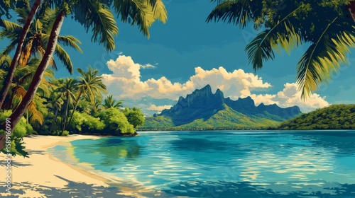 Bora Bora Poster Illustration Travel Print Decor Gift Paper Canvas Wall Retro Art