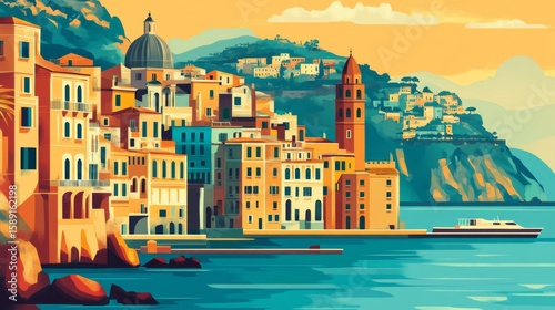 Naples Italy Poster Illustration Travel Print Decor Gift Paper Canvas Wall Retro Art