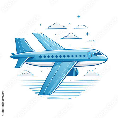 Illustration of a Blue Airplane Flying in a Cloudy Sky Aviation Theme Design